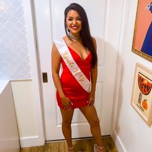 Red Dressmezee rhinestone side fringe mini dress